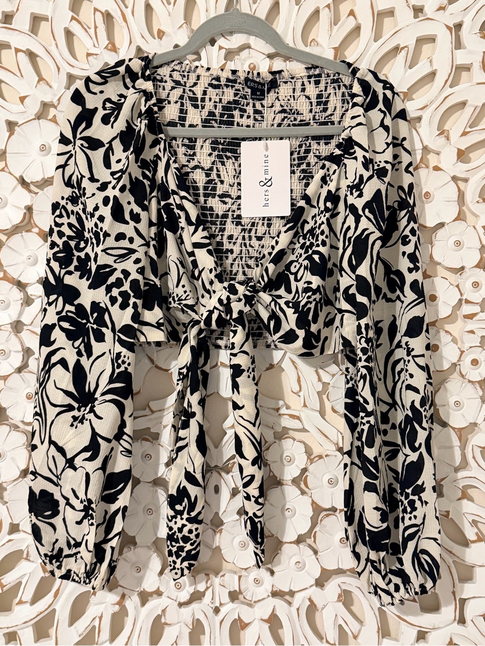Hers & Mine Black Floral Tie-Front Crop Top
